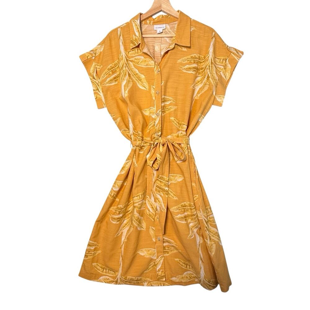 VTG Liz Claiborne Belted Shirt Dress SIZE XL Knee Yellow Leaf Floral Classic